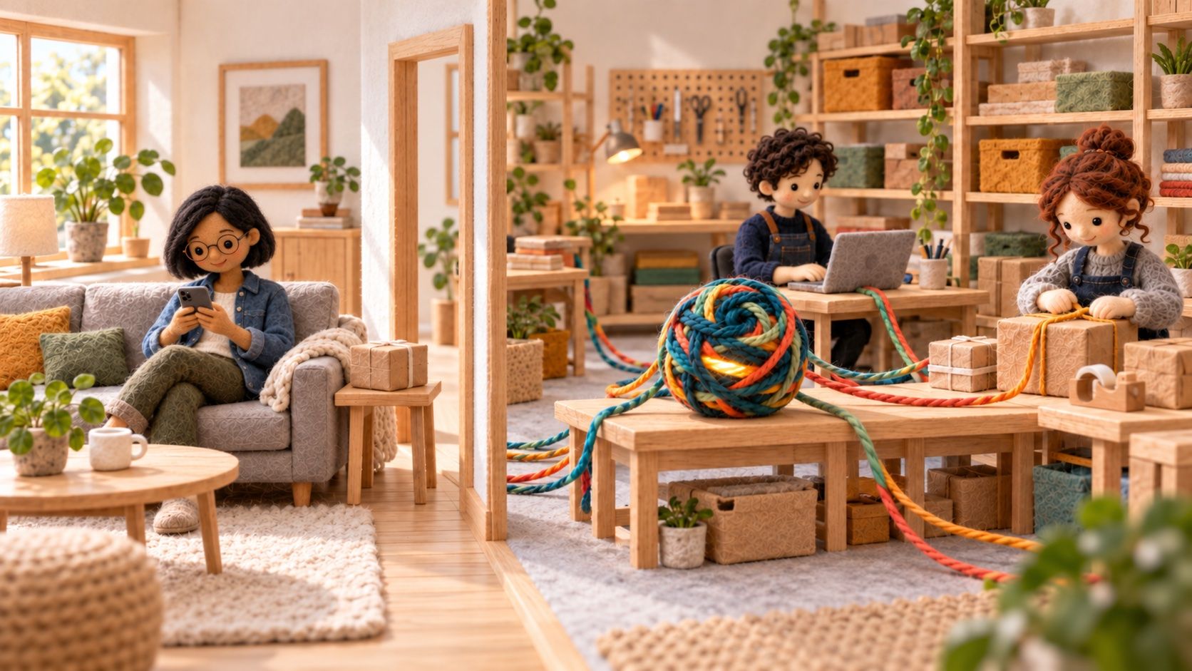 Diorama de fieltro: a la izquierda, una persona mira su teléfono en la sala de su casa; a la derecha, en el taller de la tienda, los hilos de una bola de lana llegan a las tareas del equipo sin cruzar la puerta.