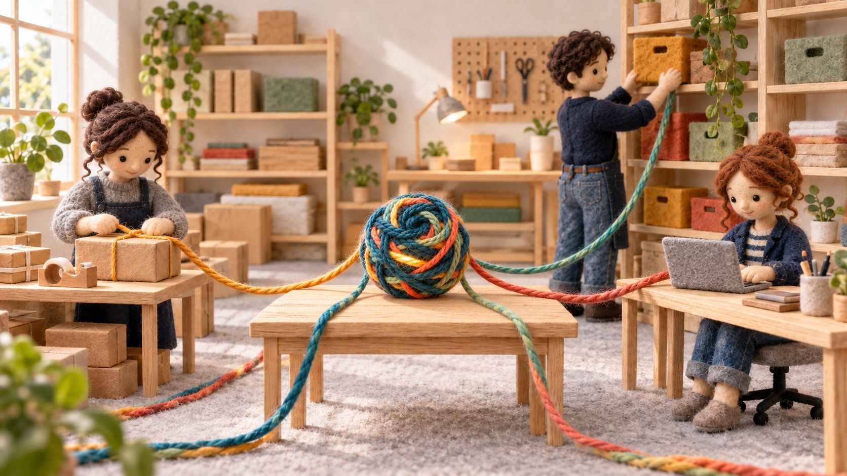 Diorama de fieltro: un equipo de tienda trabaja en sus escritorios mientras los hilos de una bola de lana, sobre una mesa en el centro, llegan a cada una de sus tareas.