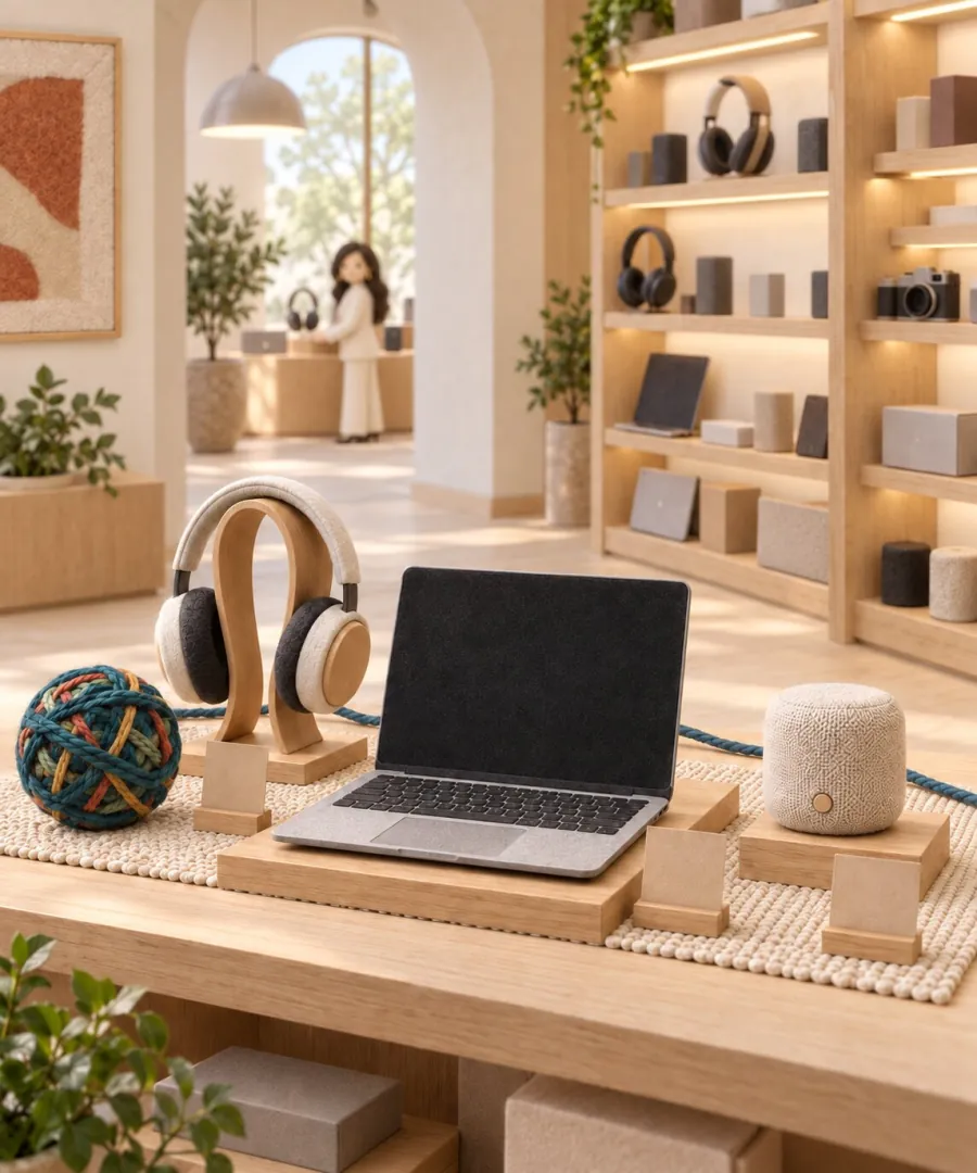 A technology counter: headphones, a laptop, and a speaker.