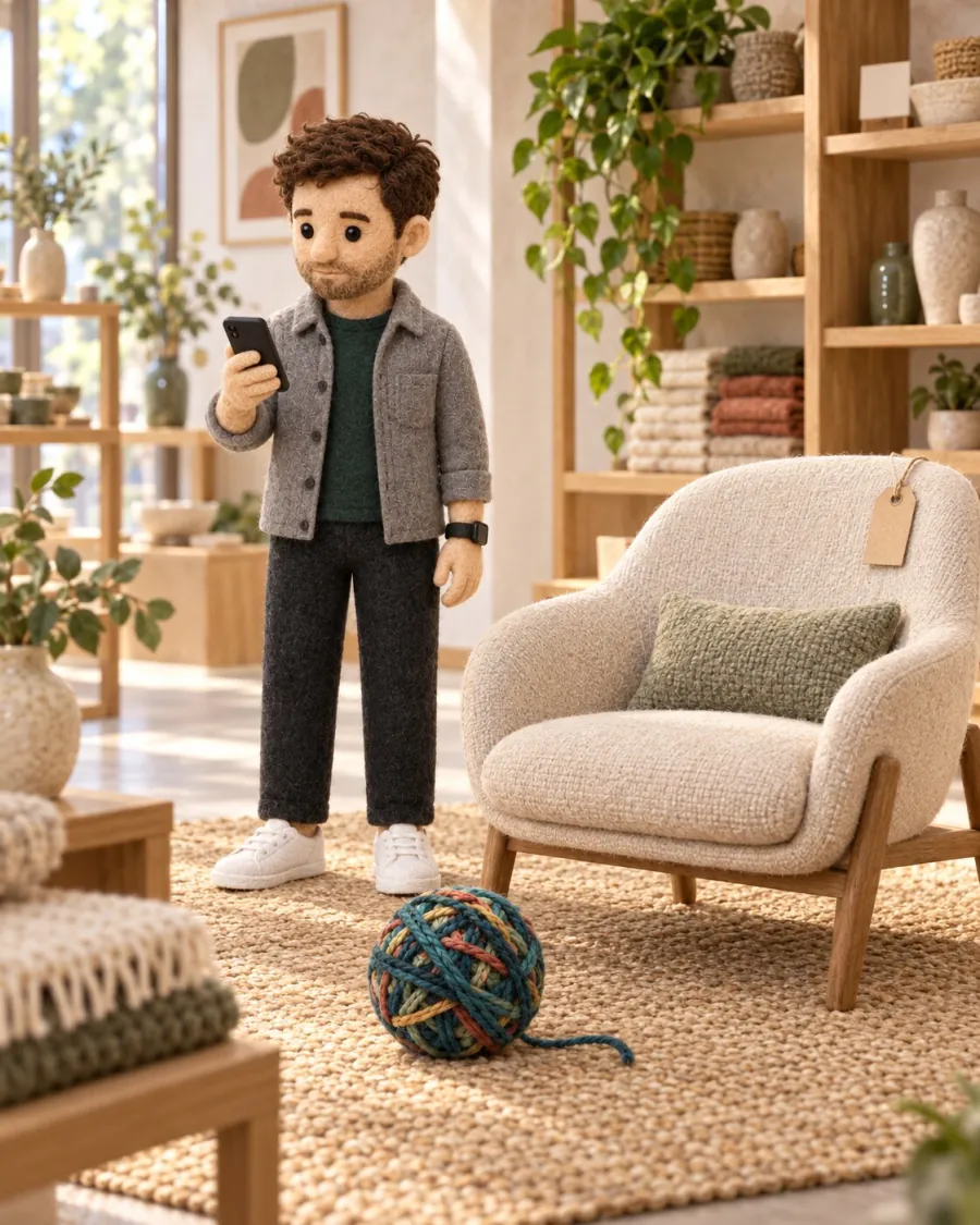 Shop: counter, knitwear, Tino on the floor by the baskets.